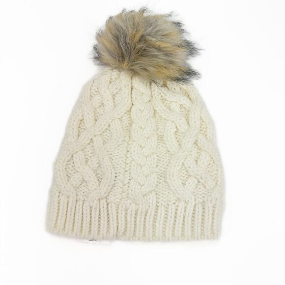 New J. Crew Cream Cable Knit Faux Fur Pom Pom Soft Warm Bennie Hat OS - Picture 1 of 6